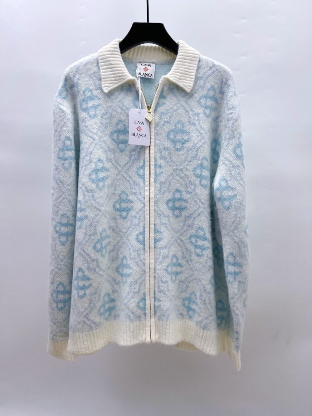 Casablanca Light Blue Diamond Monogram Jacquard Full-Zip Knit Cardigan
